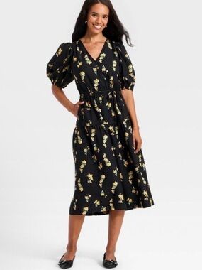 a new day Black Floral Wrap Midi Dress with Puff Sleeves